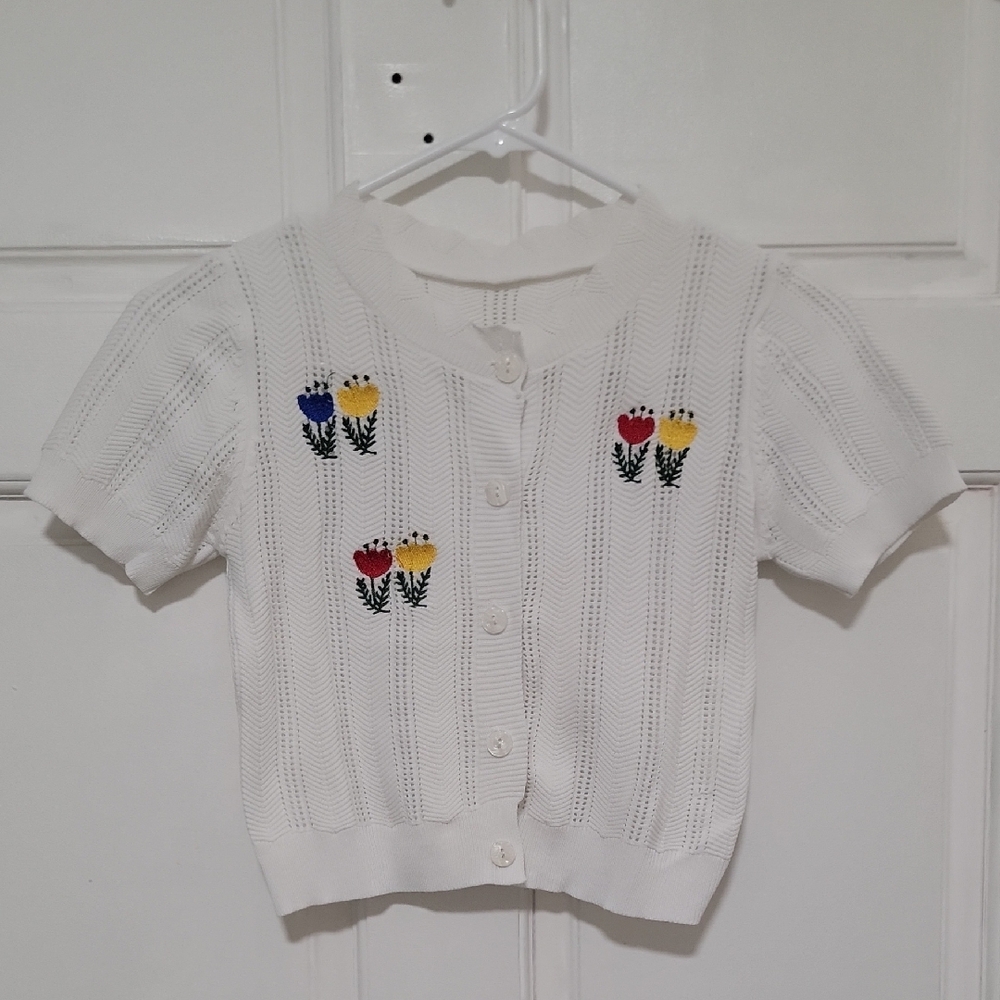Bought From Korea Handmade White Knitted Cardigan with Floral Embroidery Unique
